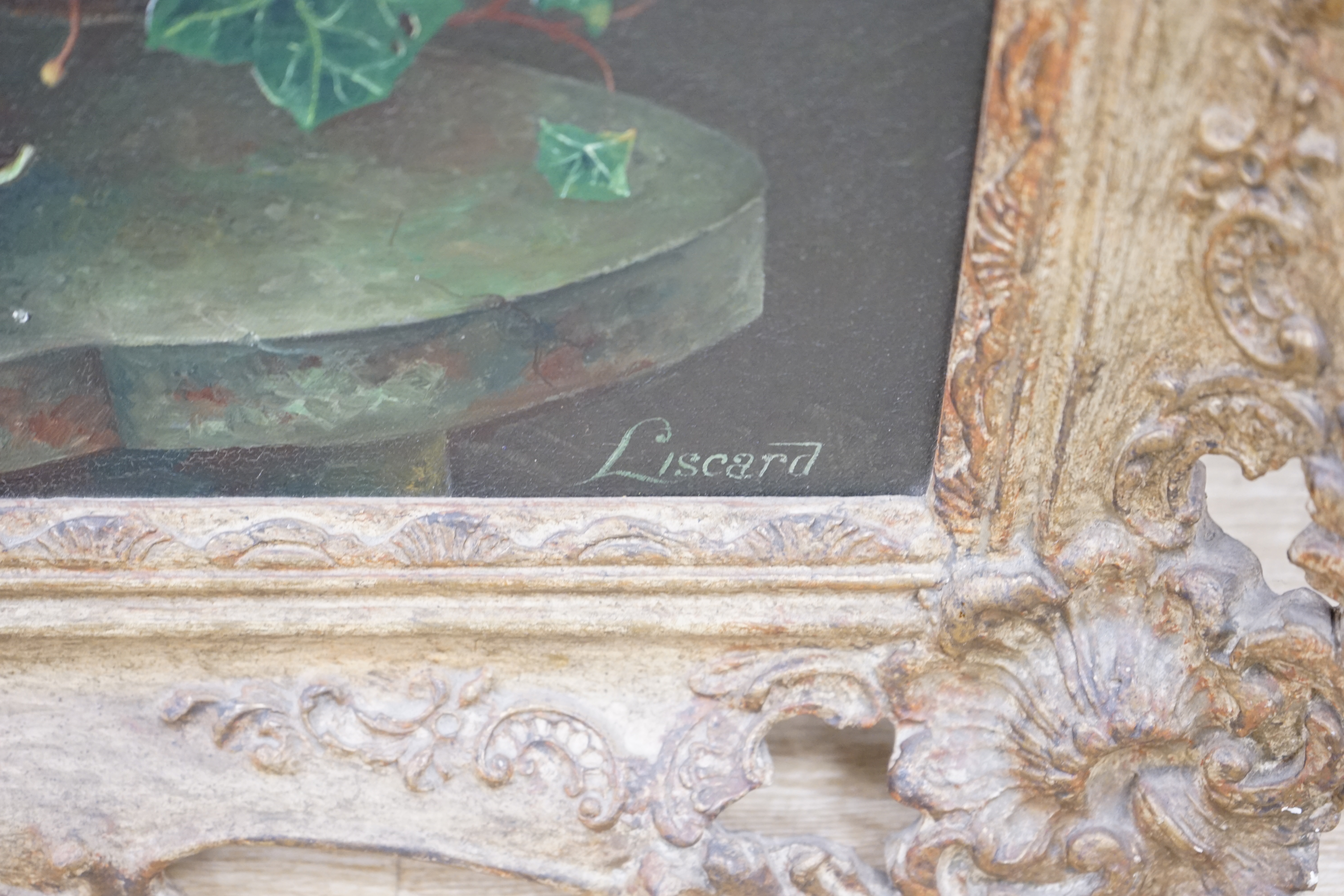 Eustace Liscard (20th. C), two oils on canvas, Still lifes of flowers comprising ‘Lovely is the rose’ and one other, each signed, largest 49 x 59cm. Condition - good, some losses to the frames